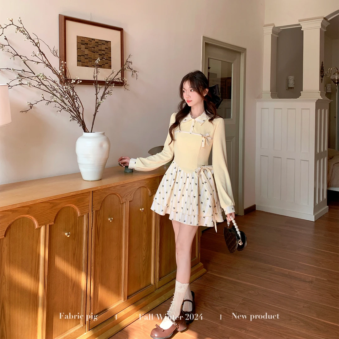 奶酪甜心 织物猪原创 奶系少女polo领奶黄芝士蝴蝶印花连衣裙