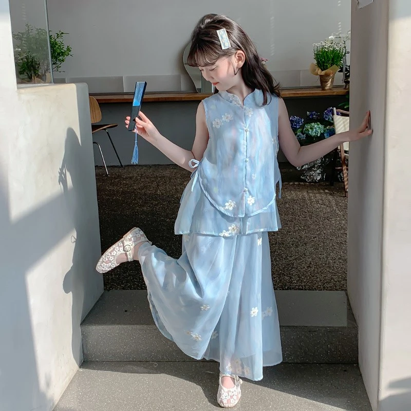 女童夏装套装2025新款洋气儿童夏季中式薄款裤裙小女孩国风两件套