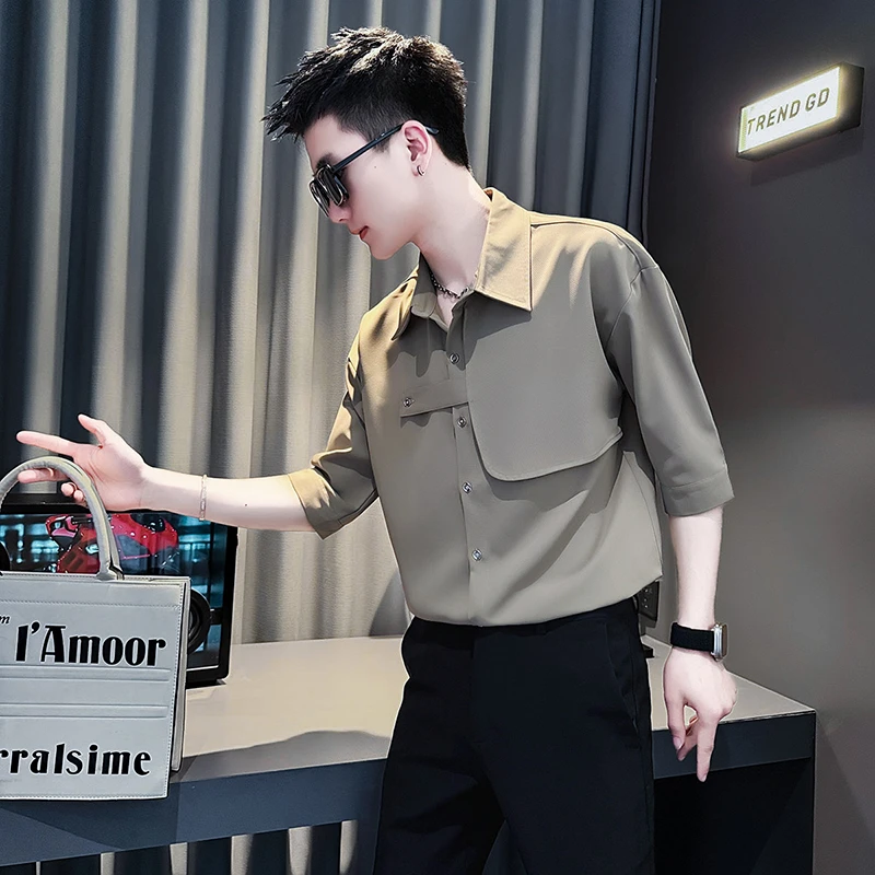 设计感假两件冰丝衬衫男款短袖夏季2025新款男士高档休闲中袖衬衣