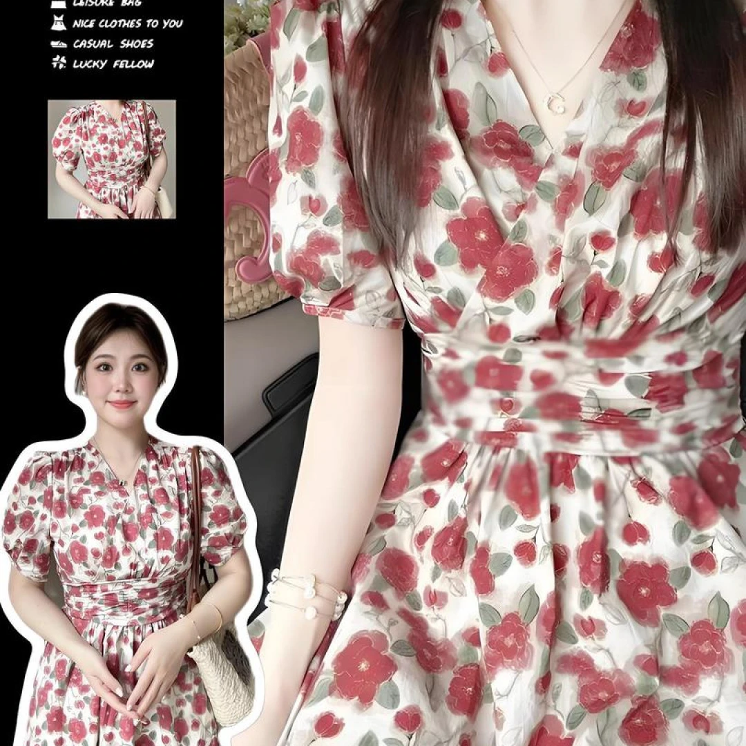 碎花长裙女夏季新款小个子显瘦收腰法式泡泡袖连衣裙休闲感聚酯纤