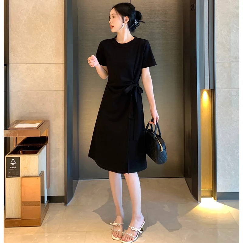 夏装短袖新款法式复古开叉小黑裙收腰显瘦圆领气质连衣裙女士890