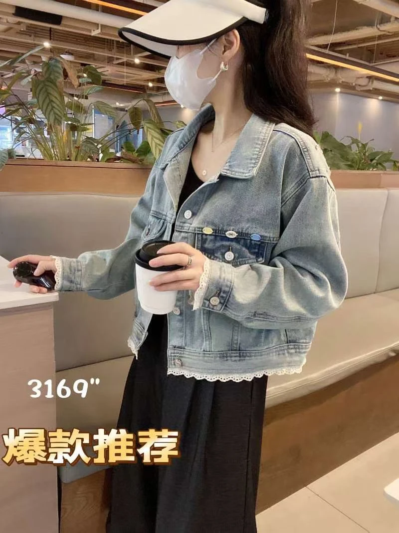 拼接春季女蕾丝花边宽松牛仔短外套百搭网红ins复古长袖春韩版