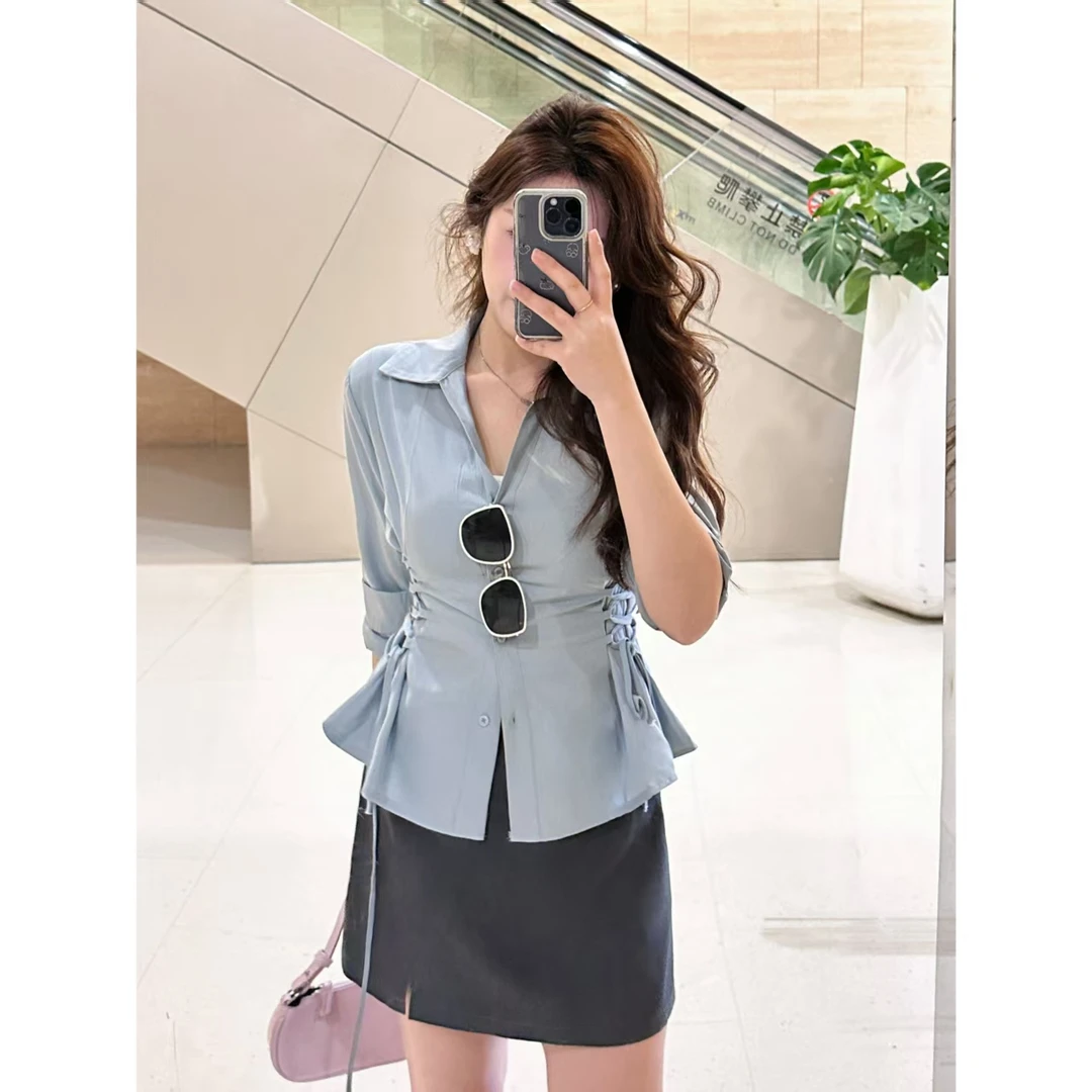 M u子酱微胖定制温柔单排扣抽绳收腰衬衫WP9520+灰色半裙WP9518