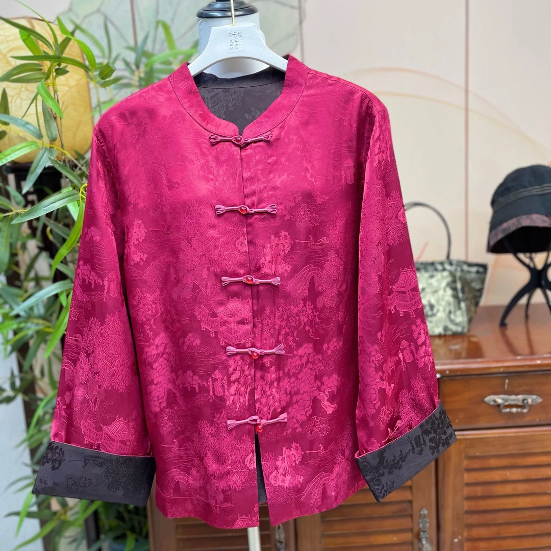 【251292】亭台楼阁梅红底色圆领盘扣设计衬衫上衣