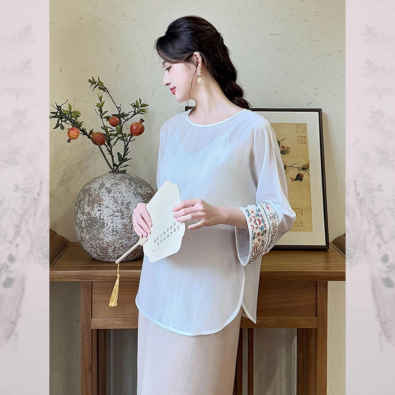 【打籽绣】百搭国风天丝上衣打底衫高级感新中式小衫2025年夏新款