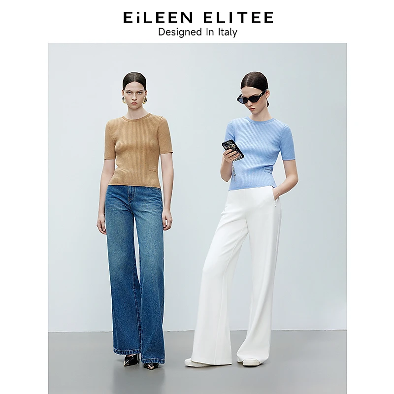 朗姿欧洲EiLEEN ELITEE25年春季莱赛尔圆领短袖针织衫醋酸欧若风