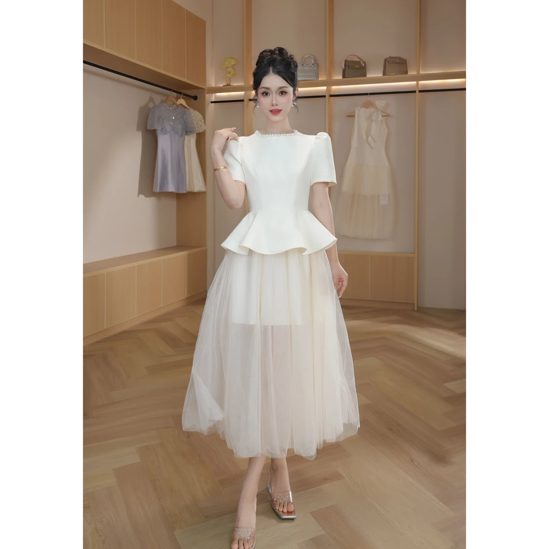 【设计师定制】 新款拼接网纱长裙显瘦气质重工连衣裙 9016