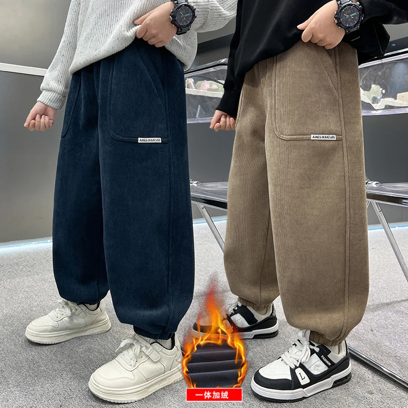 男童秋冬款纯色束脚卫裤加厚中大童防风保暖一体绒休闲韩版潮