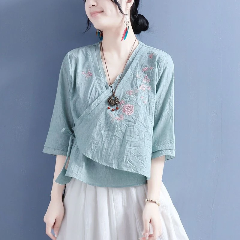 2025夏季棉麻绣花斜襟扇形系带民族风女中国风女士长袖豹纹衬衫