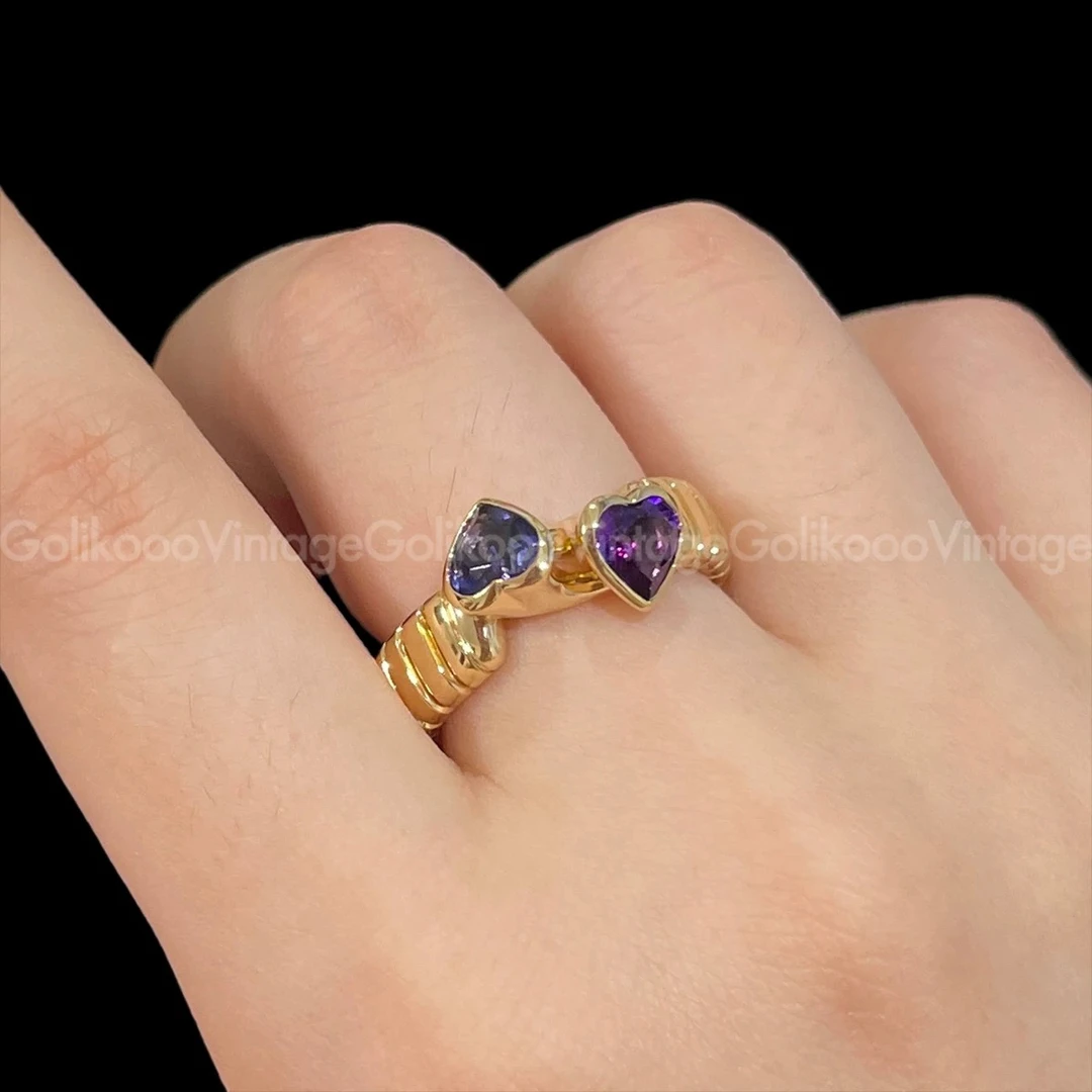 95新 BVLGARI/宝格丽 tubogas双头蓝紫爱心戒指 RB3025024