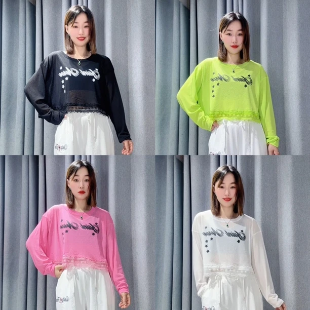 防晒竹节冰丝拼接蕾丝时尚T恤599