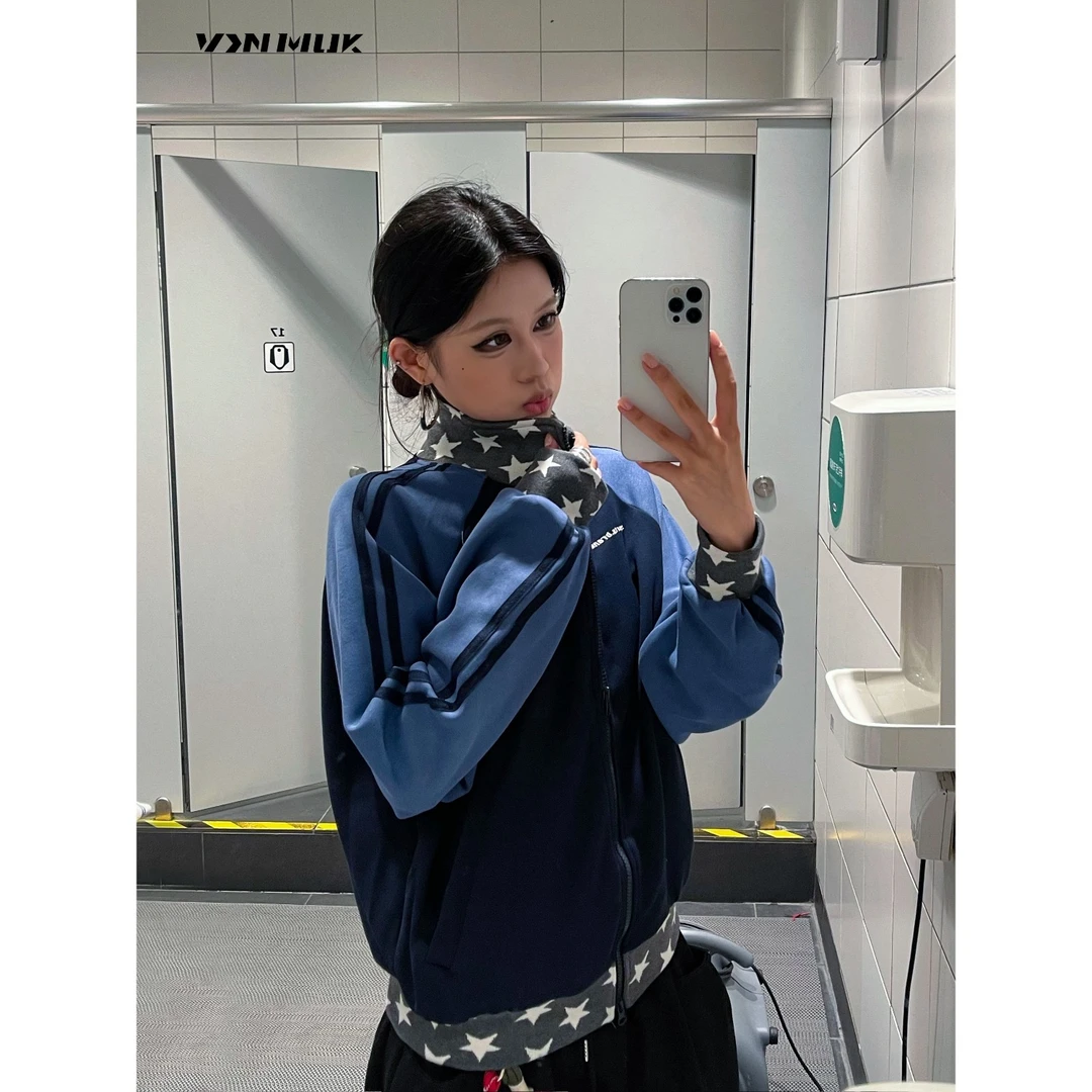 美式复古星星立领运动开衫卫衣外套女秋季拼接撞色宽松上衣