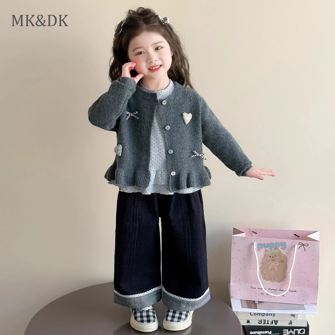 MK&DK女童韩系穿搭套装春秋款洋气女宝宝毛衣开衫秋装时髦三件套