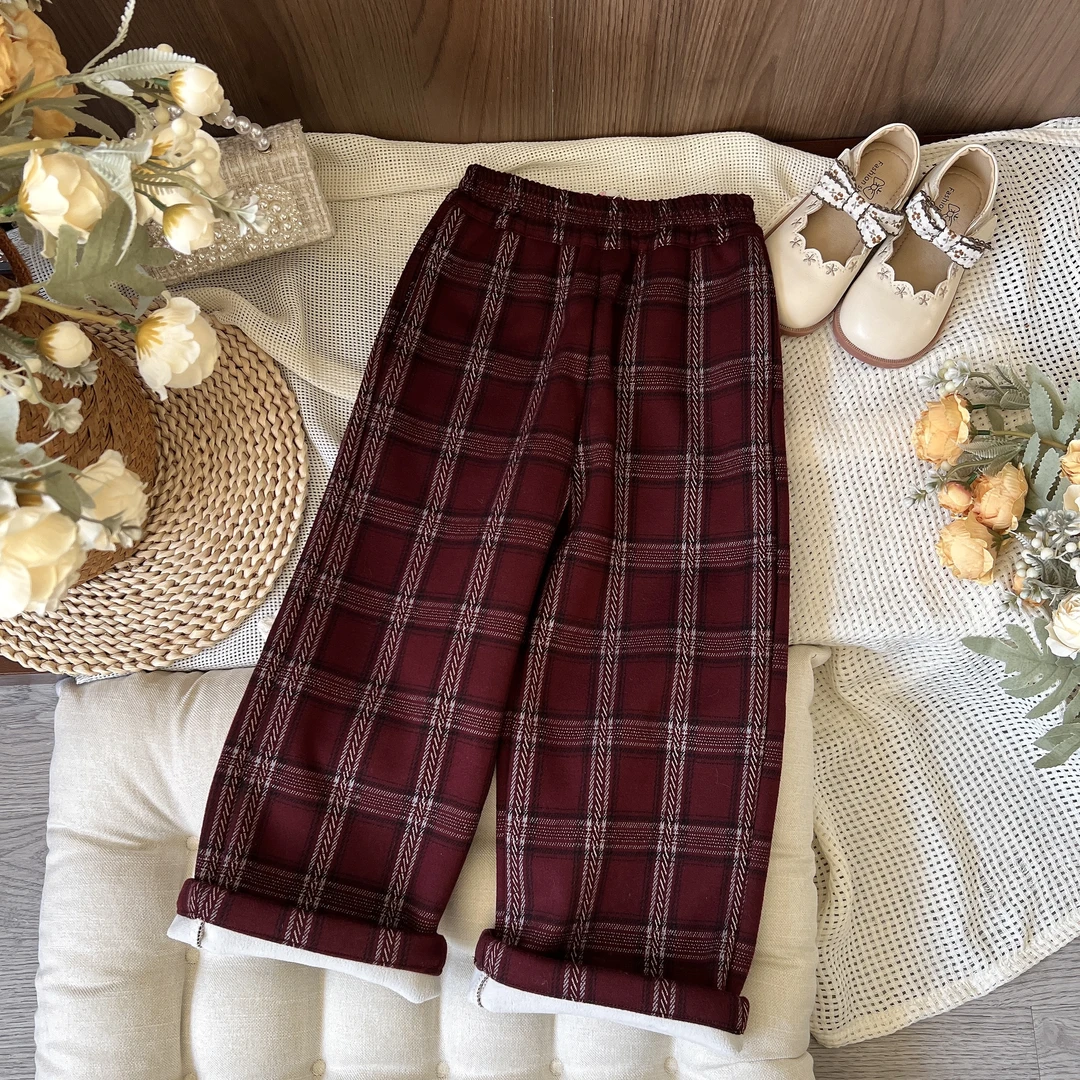 【断码福利 加绒】020（红棕色）裤子 女童百搭款 格子裤 加绒休闲裤