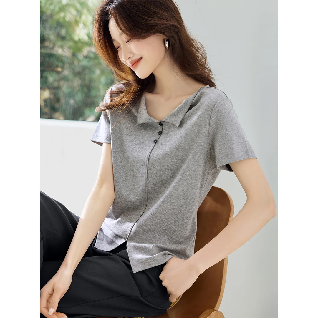 沫晗依美2025夏季新款韩系时髦减龄小翻领收腰显瘦T恤短袖女2041