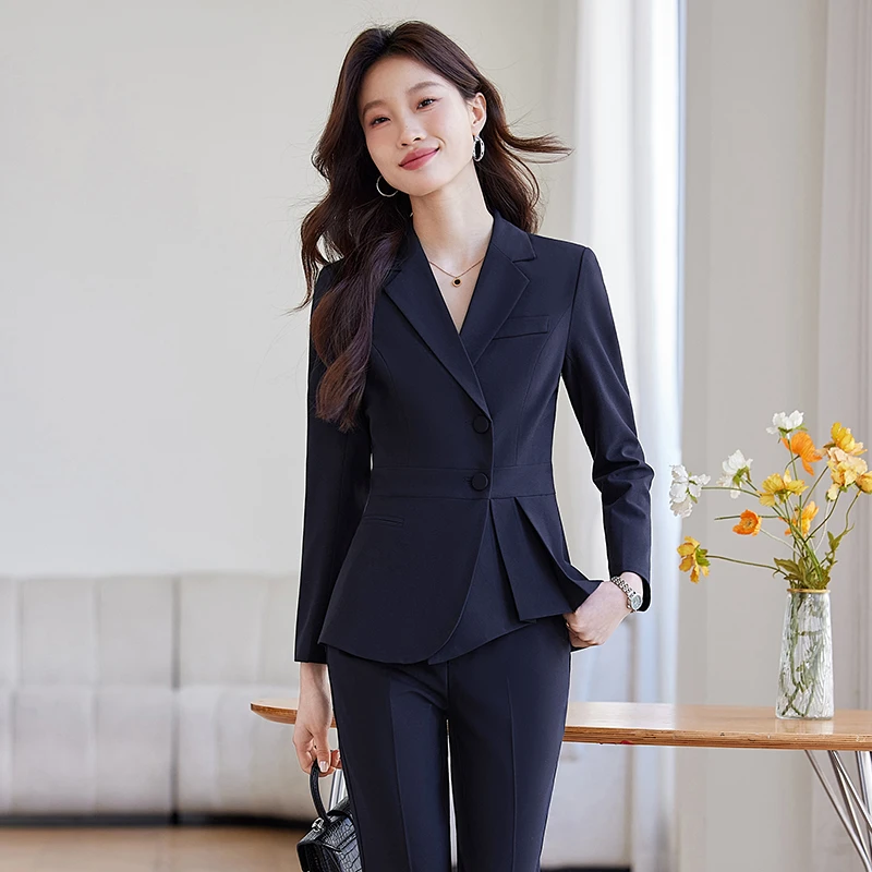 藏青色西装套装女时尚气质职业装酒店经理前台珠宝店美容师工作服