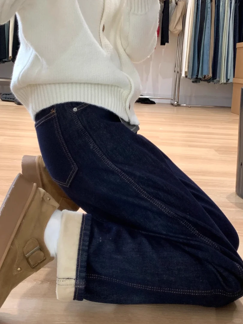 深蓝色直筒加绒牛仔裤女款大码胖mm窄版阔腿裤梨型身材宽松烟管裤