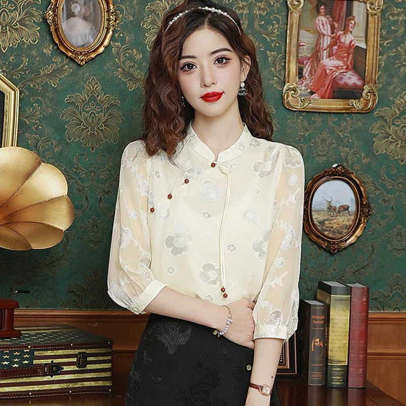 法芬图新中式旗袍女士雪纺衬衫五分袖夏季2025新款立领显瘦小衫短