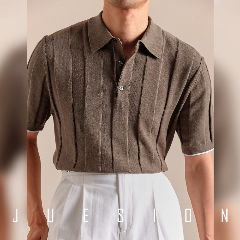 JUESION 夏季意式棉麻polo衫男轻薄透气针织休闲百搭翻领短袖t恤