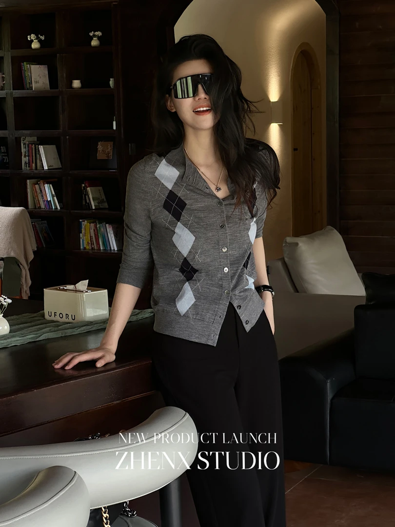 ZHENXI【灰调菱格】高个子加长针织长袖百搭毛衣开衫简约25QDFZ0158