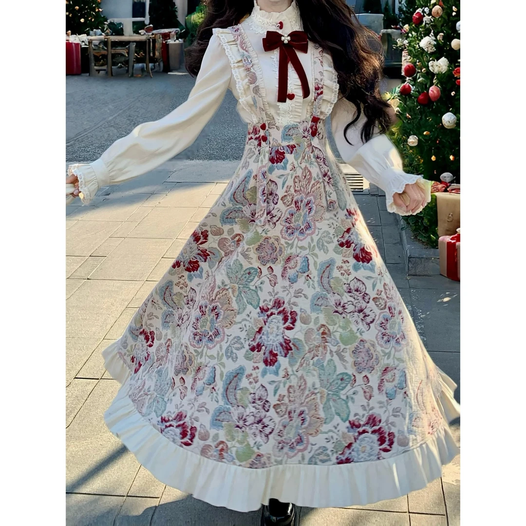 法式复古设计感爱心扣长袖衬衫气质提花刺绣可调节百搭吊带裙