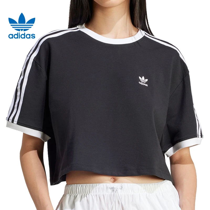 adidas阿迪达斯女子3S LOOSE CROP T双旦礼针织无领短T恤JC8149