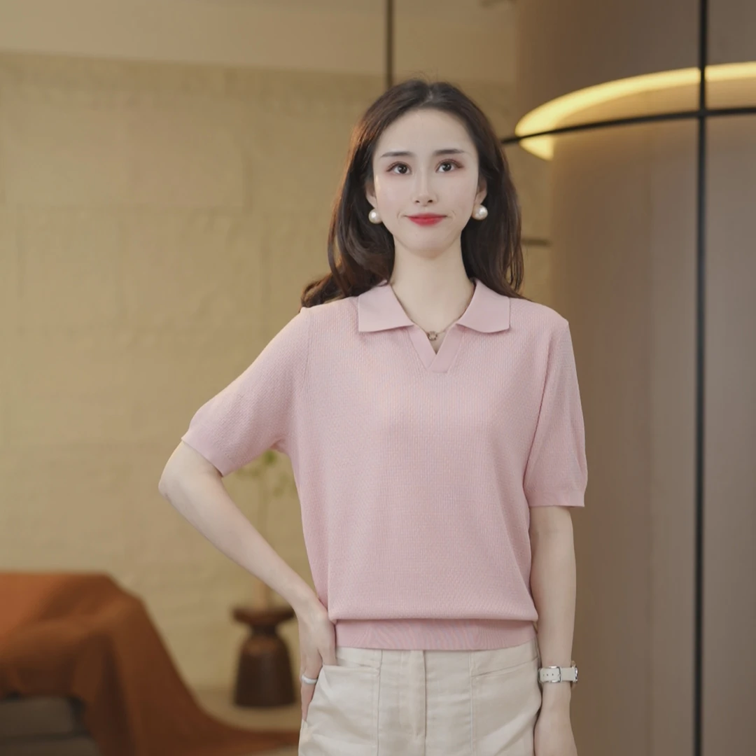 [含桑蚕丝+天丝]夏款必入冰凉透气方领显瘦短袖女针织上衣女9125