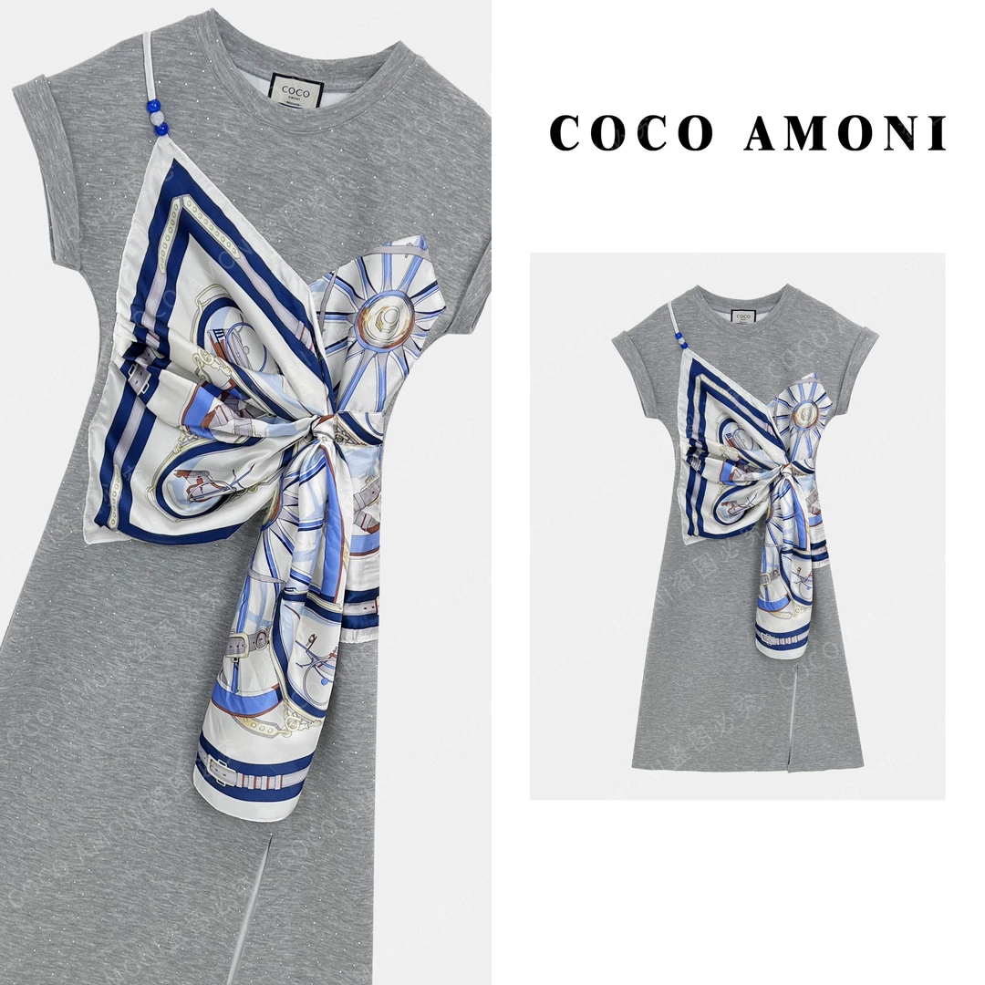 法式新款高级感气质女装拼接烫钻蝴蝶结褶皱收腰显瘦连衣裙ZC504