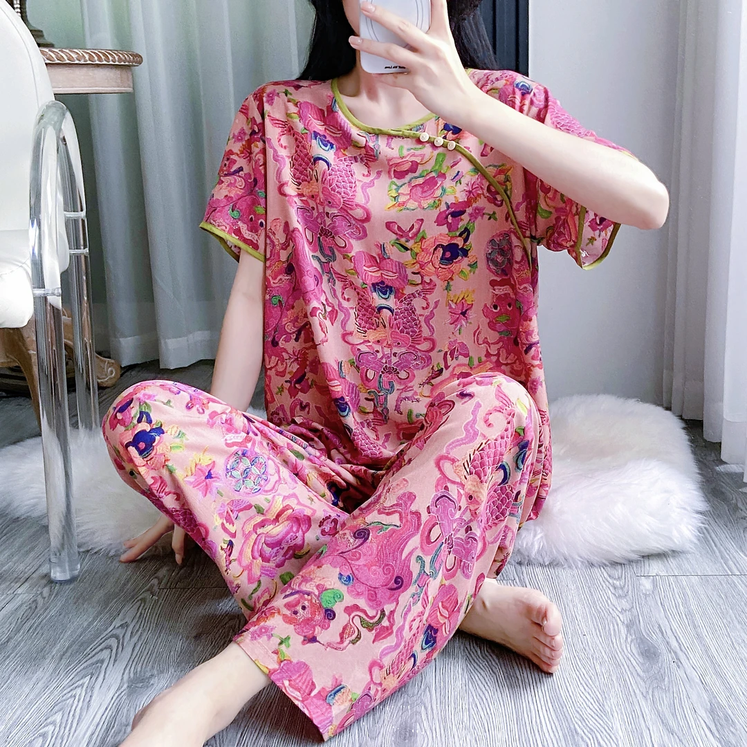 夏季新中式棉绸睡衣短袖短裤人造棉宽松舒适家居服套装可外穿