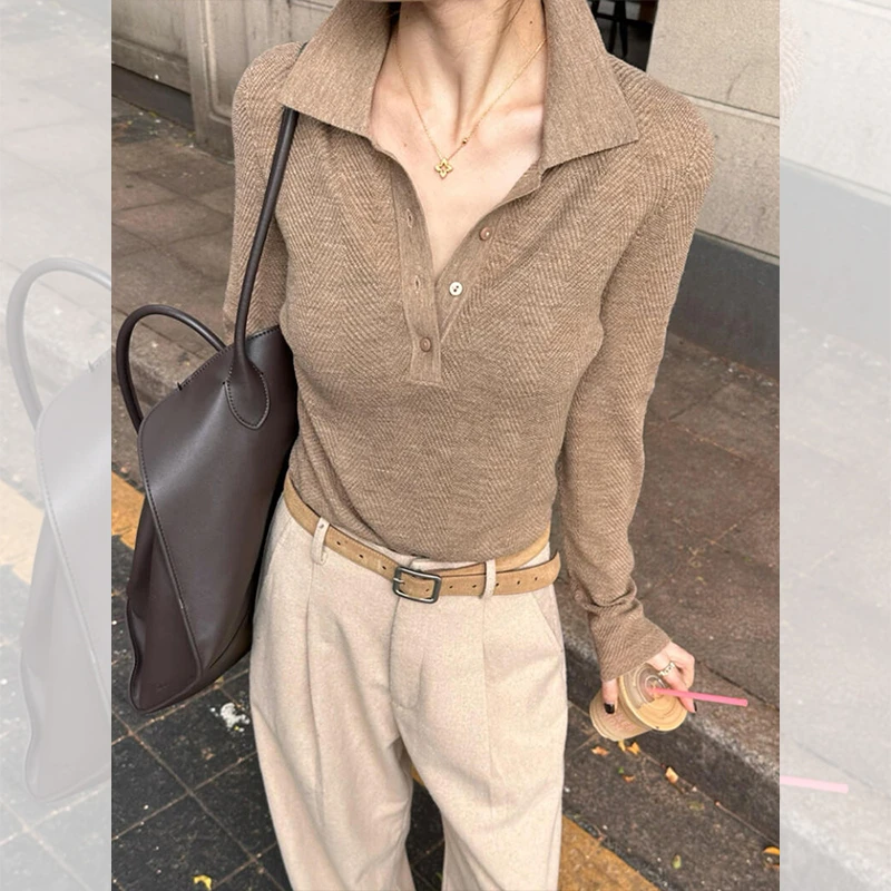 咖色短款老钱风polo领翻领针织衫女秋冬气质高级感内搭打底衫上衣