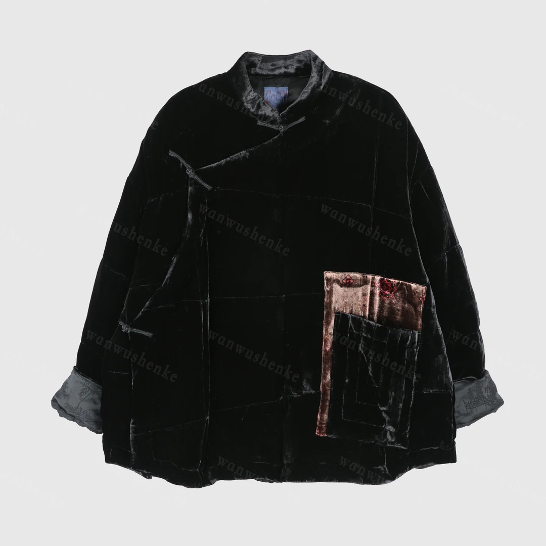 万物身客 Tu-M351107复古斜襟盘扣丝绒拼接口袋白鸭绒羽绒服