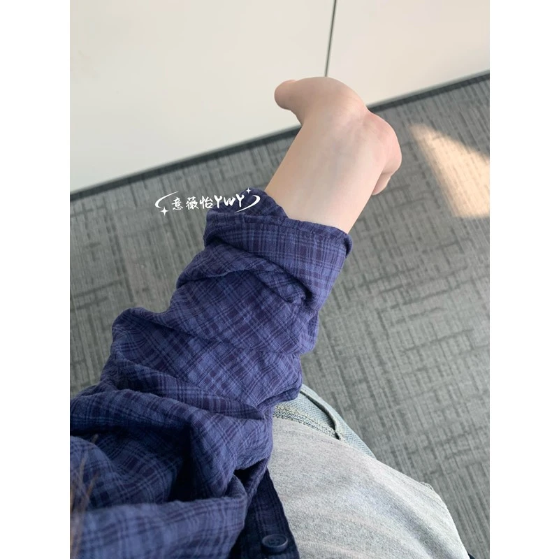 美式复古蓝色格子连帽衬衫外套女春季新款宽松设计感休闲防晒衬衣