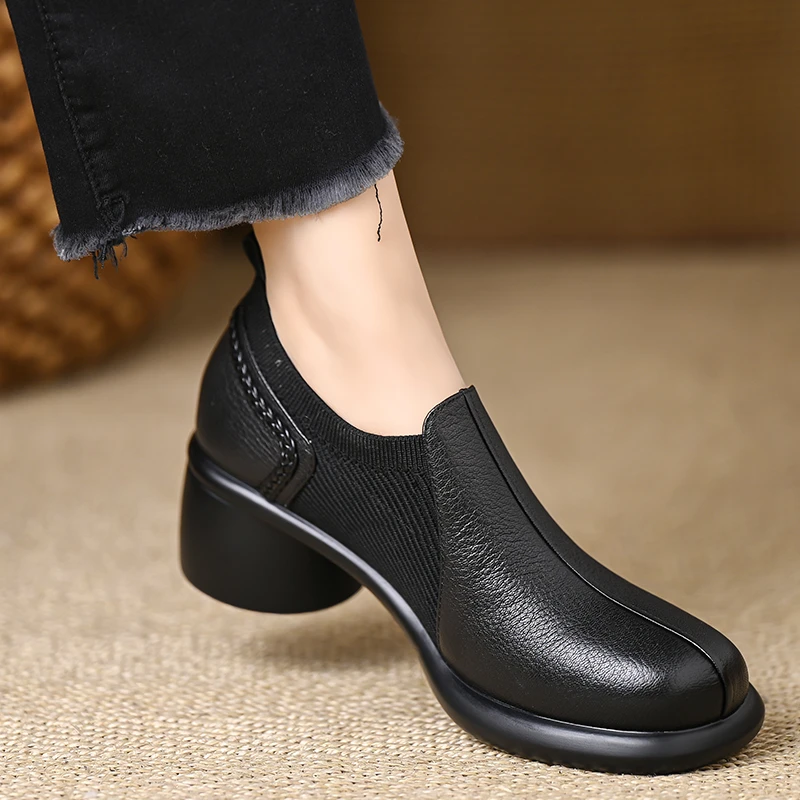 轩玥情女鞋4.5cm粗跟软羊皮单鞋女春秋一脚蹬针织弹力深口乐福鞋