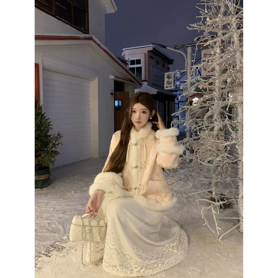 【兔毛粉】新中式冬季小众设计感加绒加厚兔毛拼接减龄保暖套装