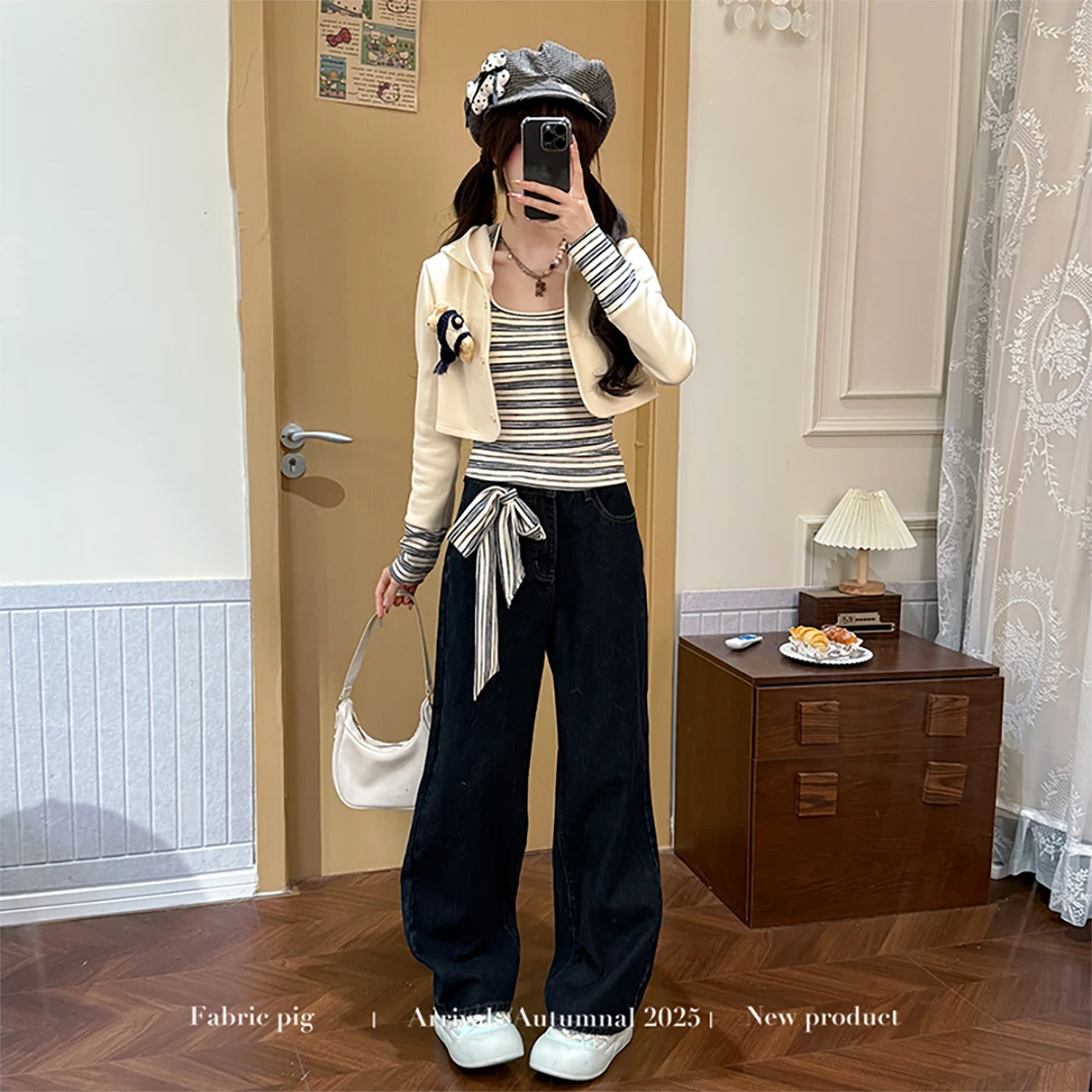 云朵慕斯 织物猪原创 通勤风黑色直筒牛仔裤女高腰宽松百搭长裤