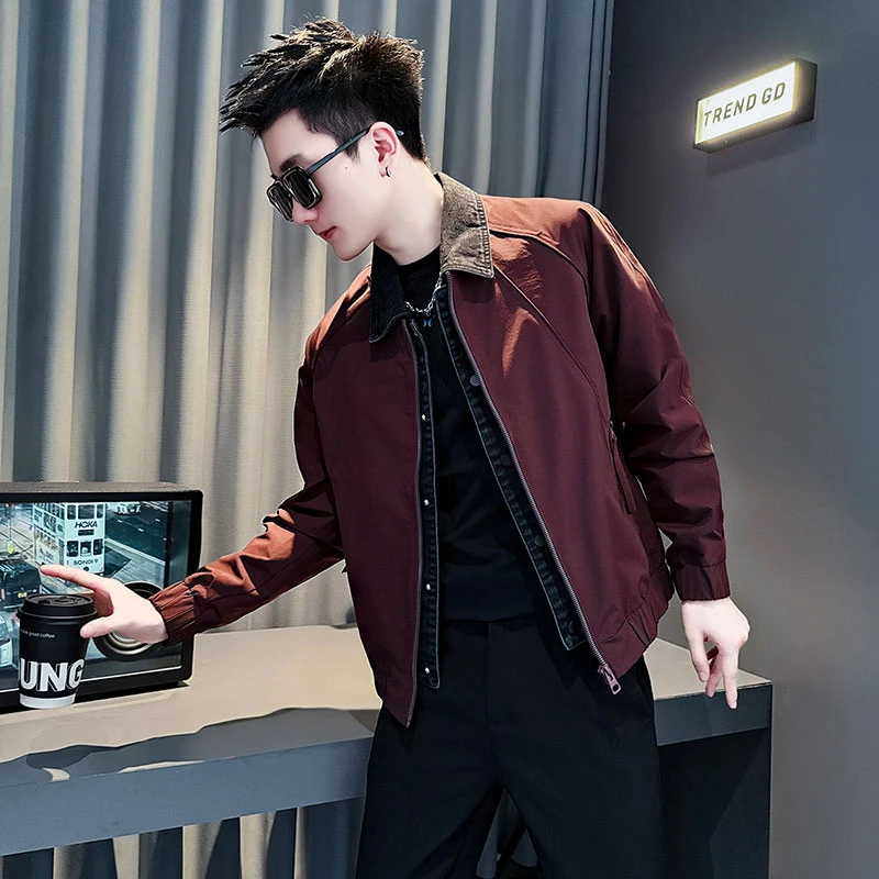 假两件夹克男春秋款潮流休闲牛仔拼接翻领外套2025新款痞帅风上衣