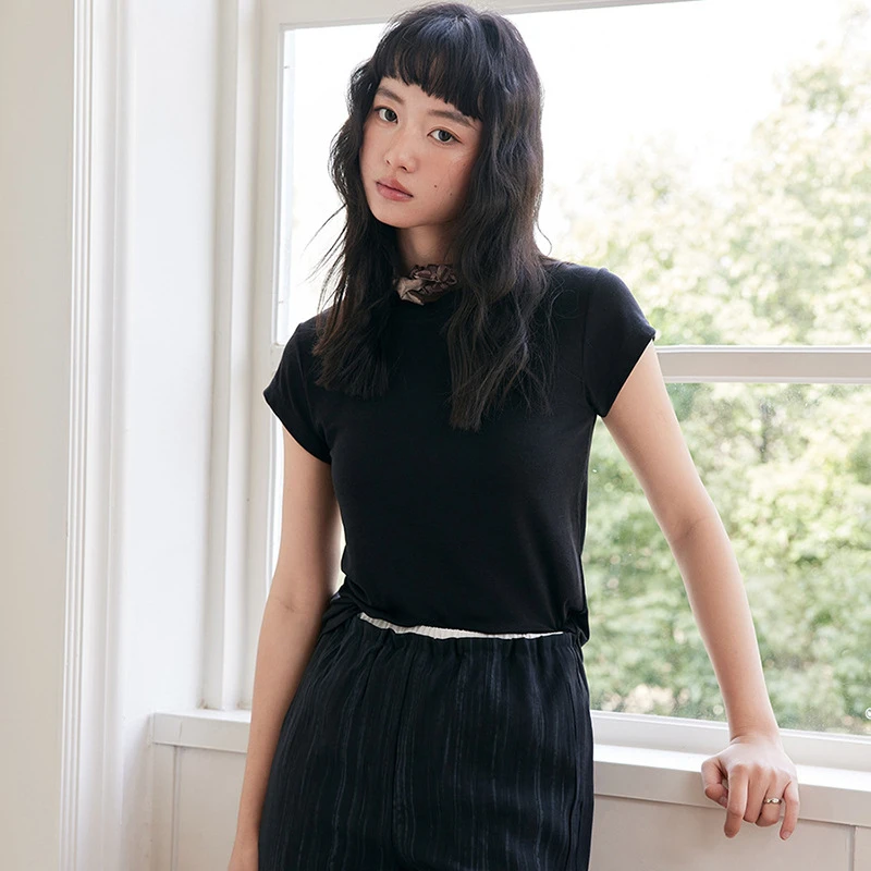 【天丝羊毛短袖t恤】2025新款纯色舒适上衣女圆领设计感修身连袖