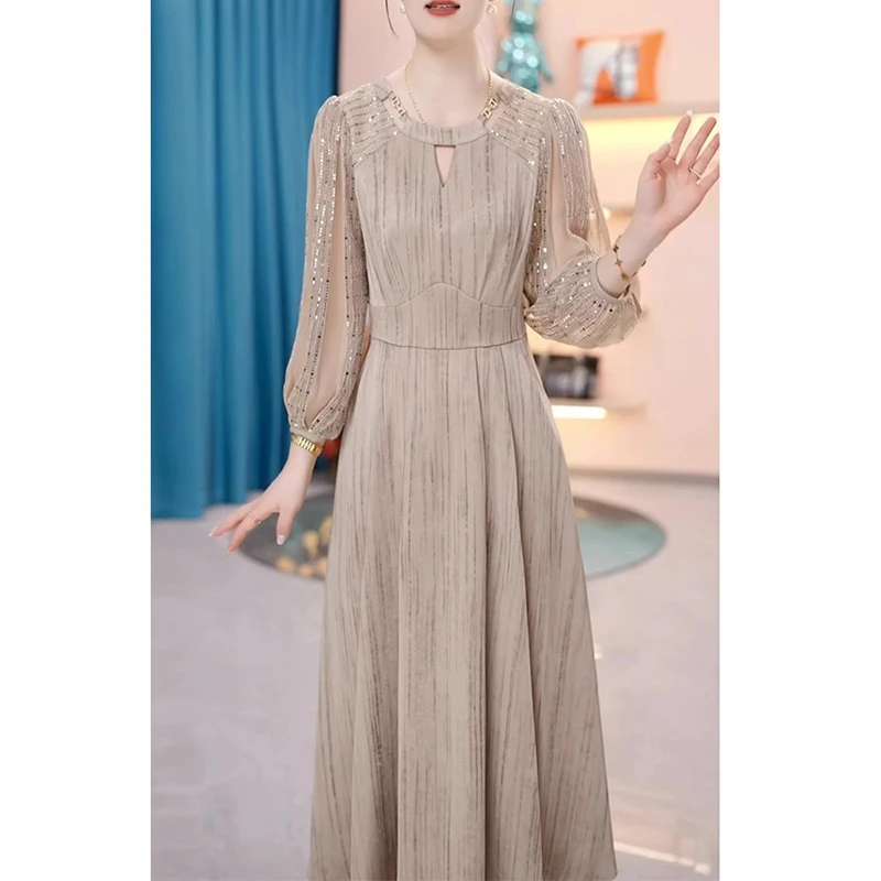 气质高档长袖连衣裙2025年新款洋气显瘦妈妈高级感礼服裙子D0579