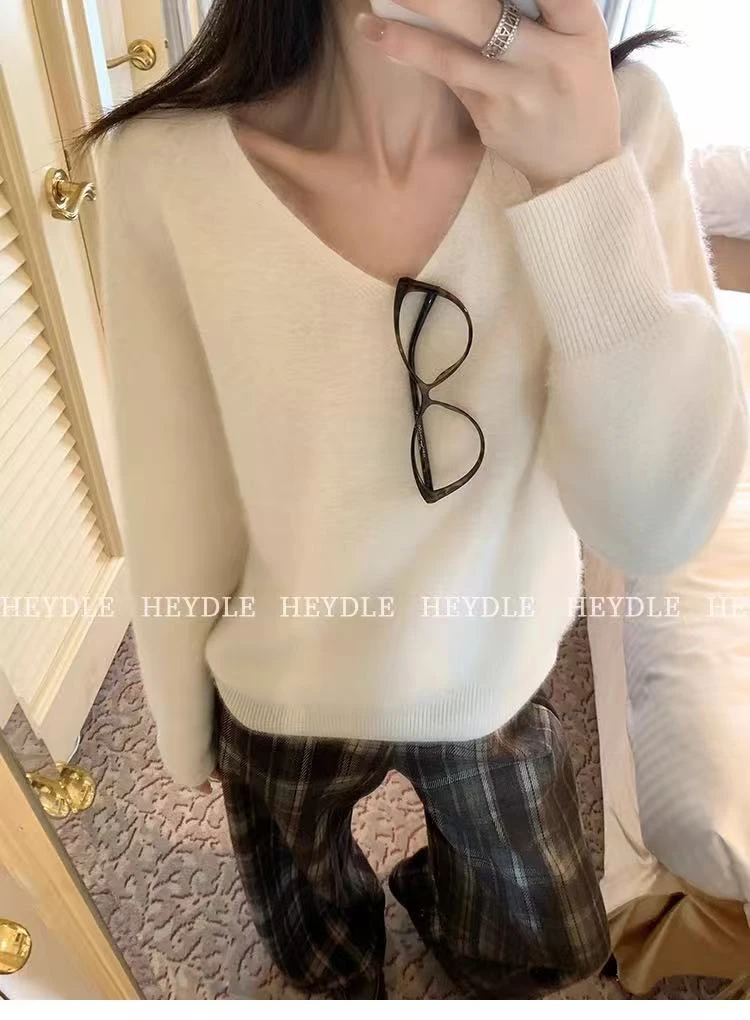 V领羊绒羊毛拉绒针织衫无缝一体纯色百搭ins显瘦