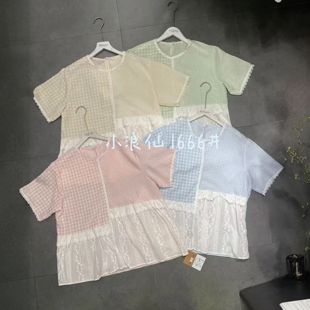 S8341 夏季复古甜美格子蕾丝拼接短袖衬衫小个子宽松显瘦衬衣女