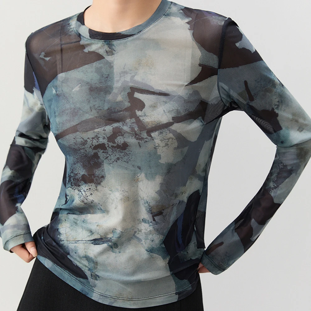 绿松石 扎染网纱女士灰色透气舒适百搭圆领印花长袖T恤1758
