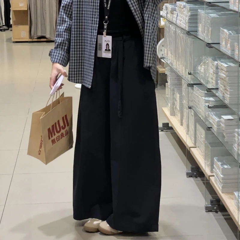 藏青色阔腿弯刀休闲裤2025秋季胖mm梨形身材小个子宽松显瘦气球裤