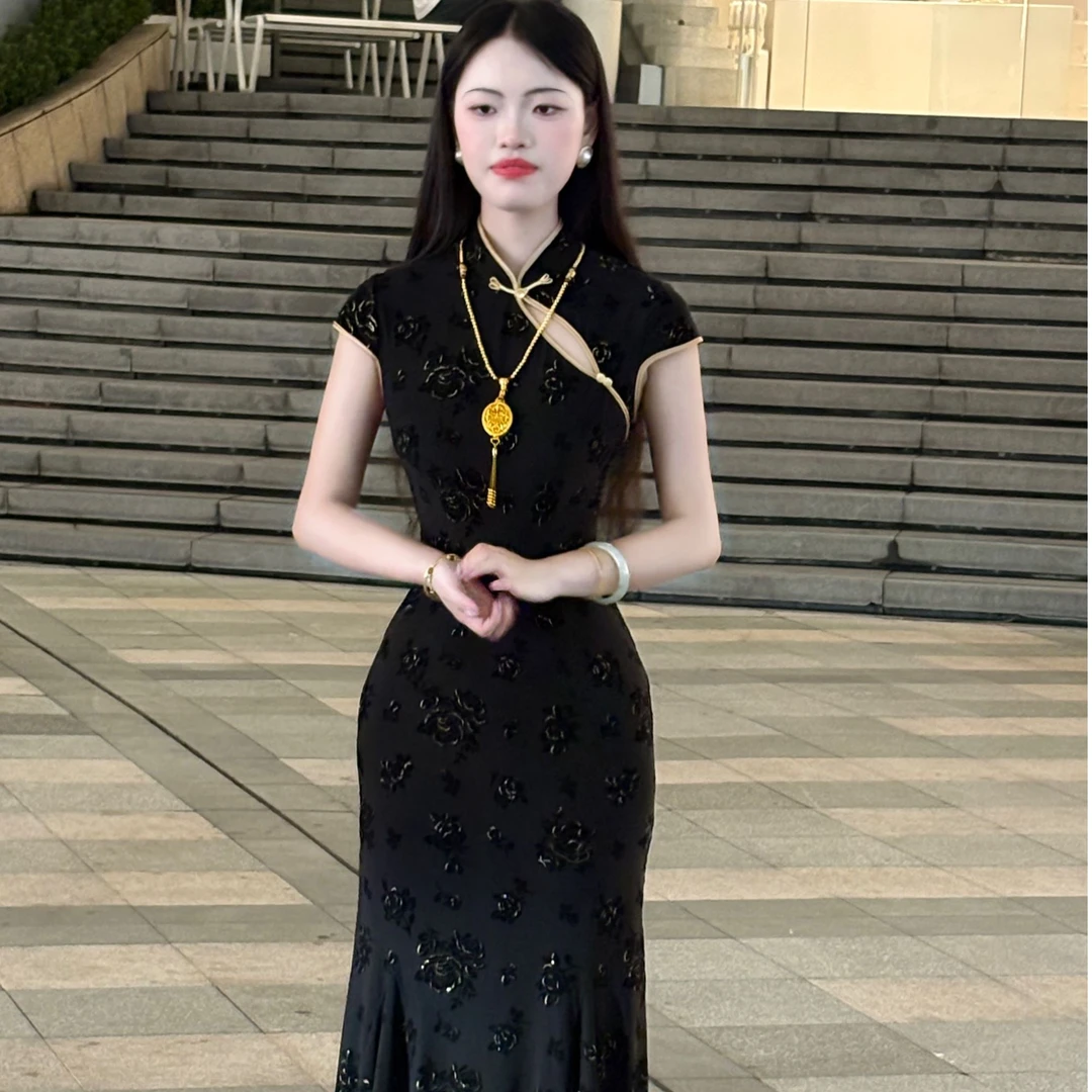 LHMknk1画报夫人原创自制步步生莲鱼尾裙国风新中式旗袍 黑金观影