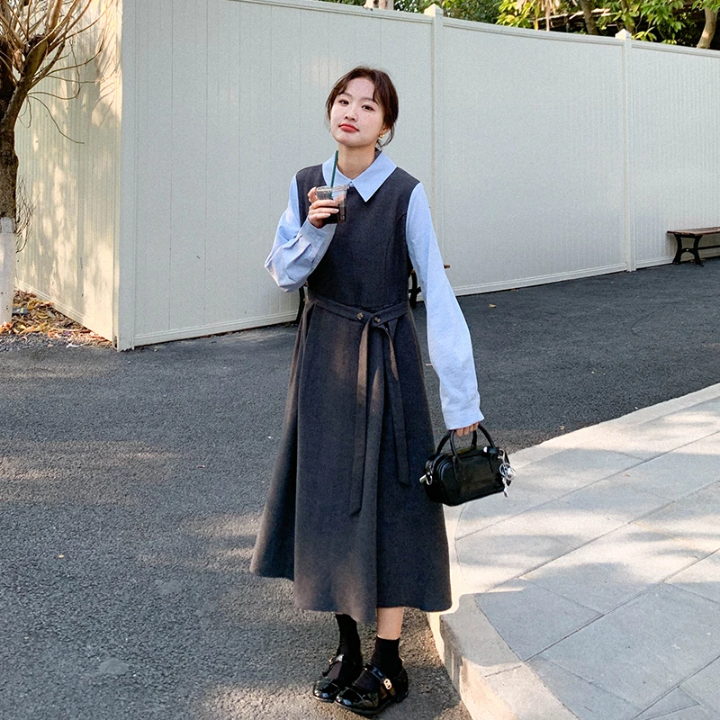 设计感衬衫拼接假两件连衣裙女2025早春新款气质通勤收腰显瘦长裙