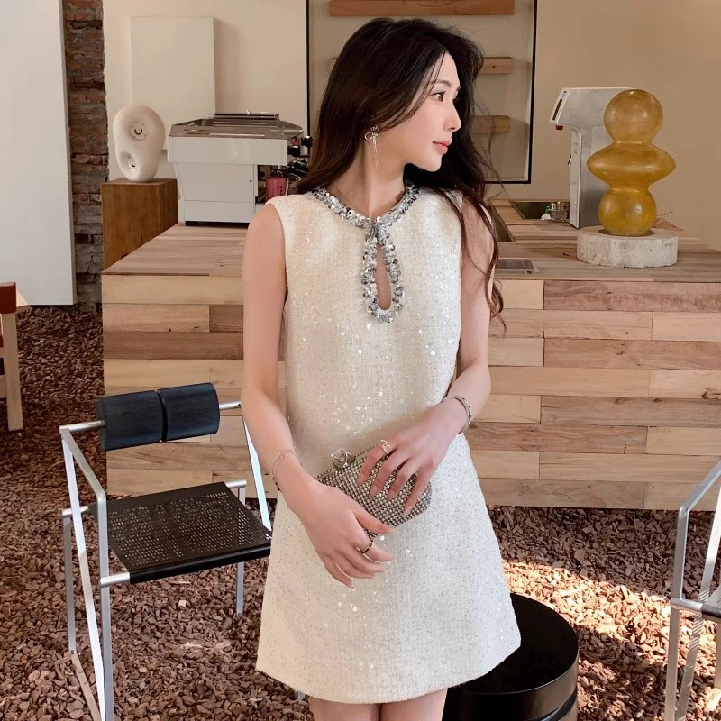 KYMFAM名媛小香风镂空法式无袖连衣裙可爱风芭蕾风针织复古短裙