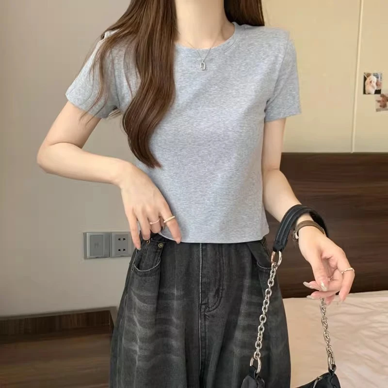 短款百搭高腰灰色短袖t恤女2025新款小个子夏季修身卡腰体恤上衣