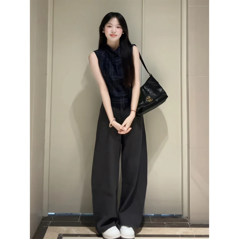 背心宽松显瘦格纹上衣气质收腰无袖T恤直筒宽松休闲垂感阔腿裤女