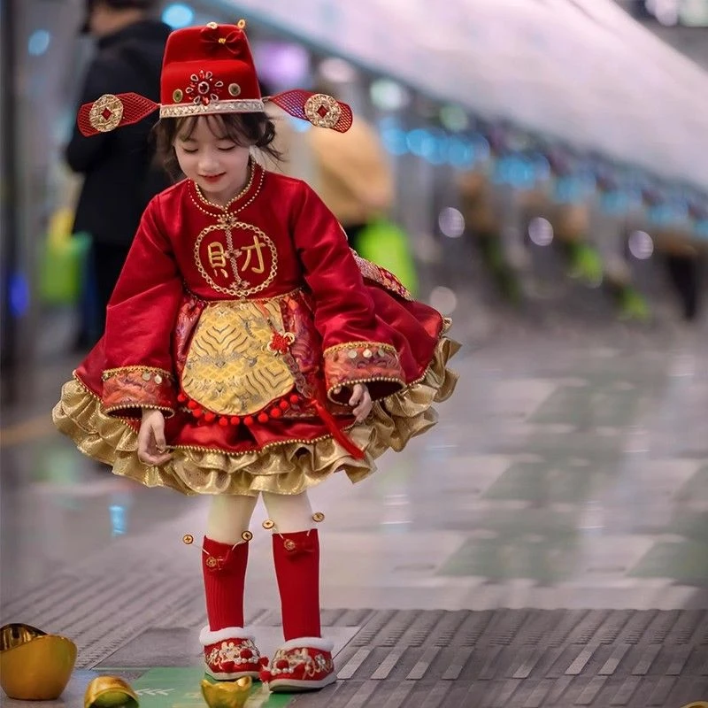 万圣节女童新款洛丽塔裙子重工拜年服裙红色过年衣服拜年服秋冬款