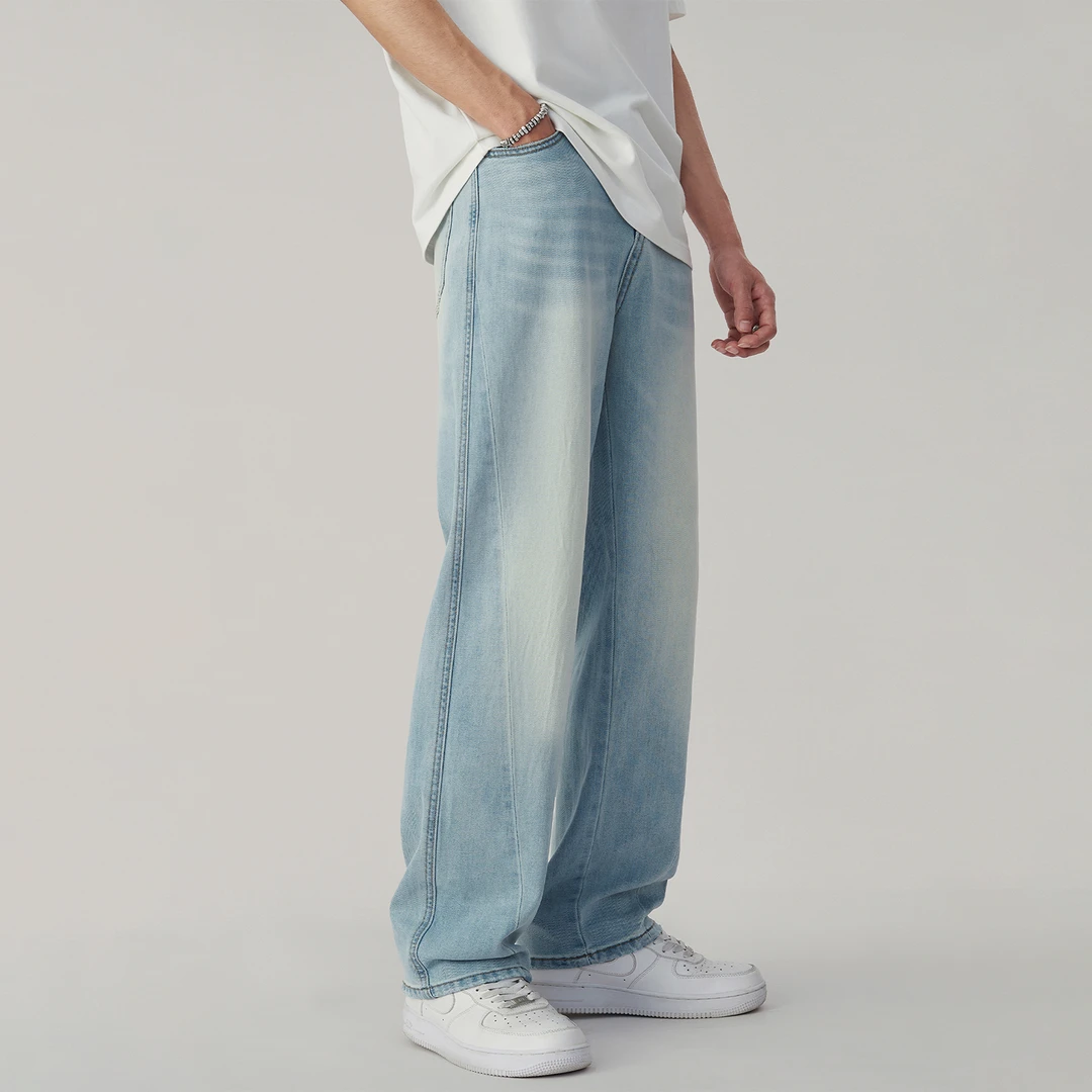 夏季薄款美式莱赛尔天丝牛仔裤男cleanfit浅蓝色宽松直筒垂感裤子