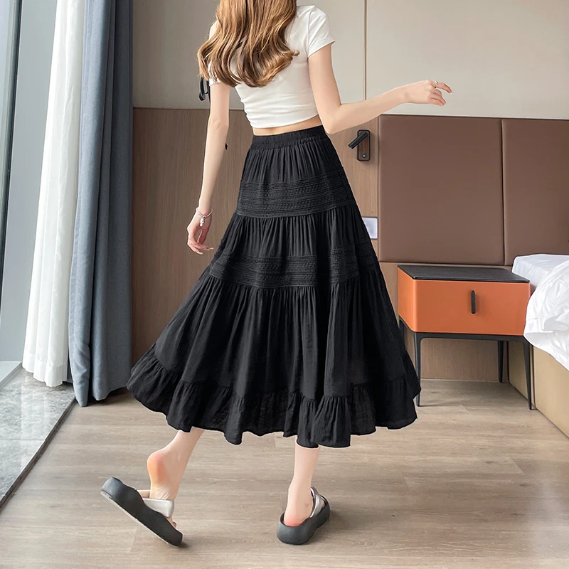 小个子黑色蛋糕裙女夏薄款时尚百搭高腰A字半身裙中长款大摆伞裙